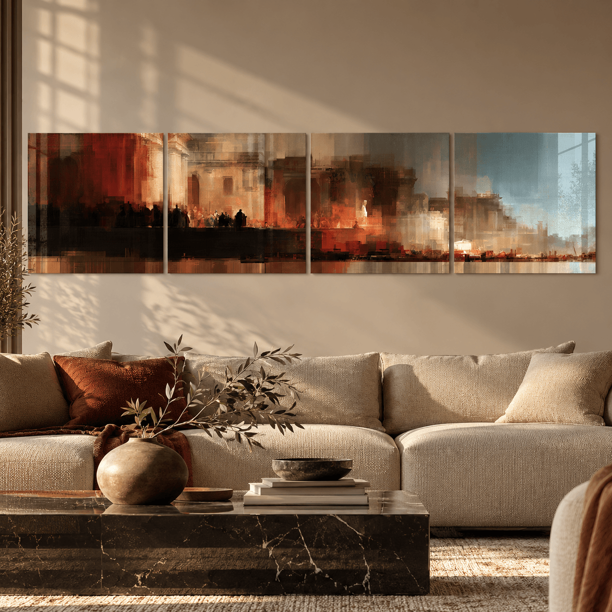 Abstract Roman forum wall art in crimson and blue above a beige sectional sofa in the living room